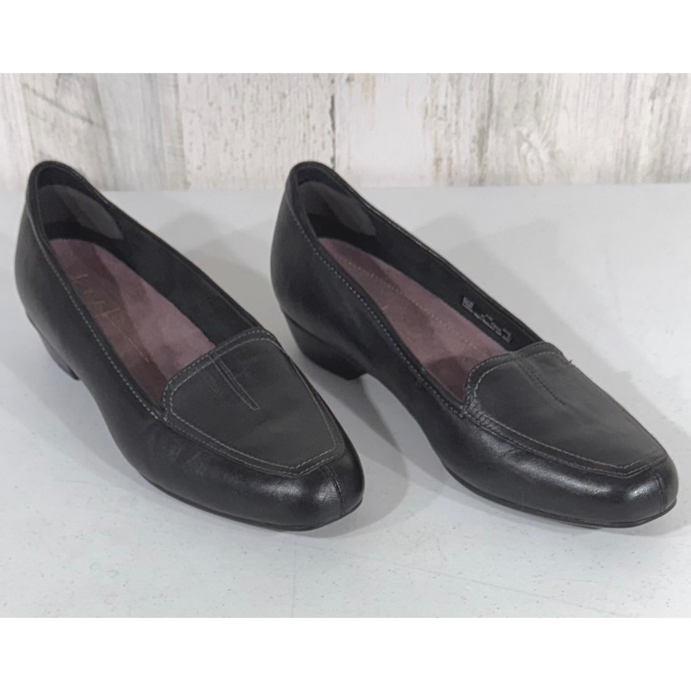 Clarks Leather Slip On Loafers 11M Black Low Block Heel Almond Toe‎